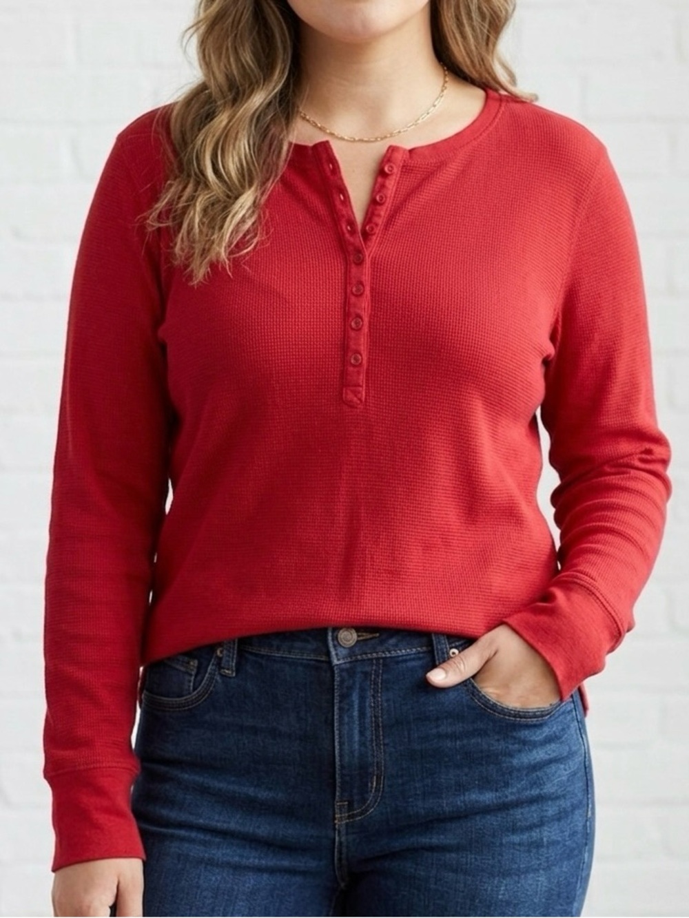 L.L.Bean Red Waffle Knit Thermal Henley Long Sleeve Shirt Petite XL Cotton